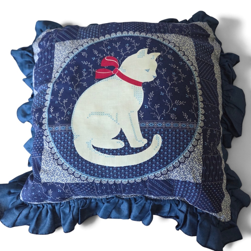 Linde Vintage Cat Applique Throw Pillow Blue Patchwork Cotton Ruffled USA made